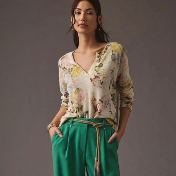 By Anthropologie Printed V Neck Sweater Linen Blend Abstract Floral NWOT - Picture 10 of 12